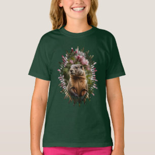 Schattige marmot met roze rododendron achtergrond t-shirt