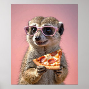Schattige Meerkat Met Glazen en Pizza Poster