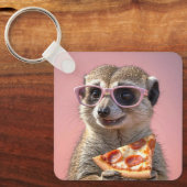 Schattige Meerkat Met Glazen en Pizza Sleutelhanger (Voorkant)
