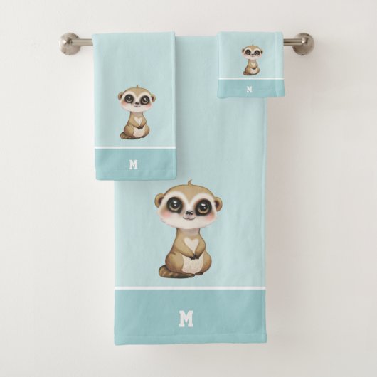 Schattige Meerkat & Monogram op Lichtblauw Bad Handdoek (Insitu)