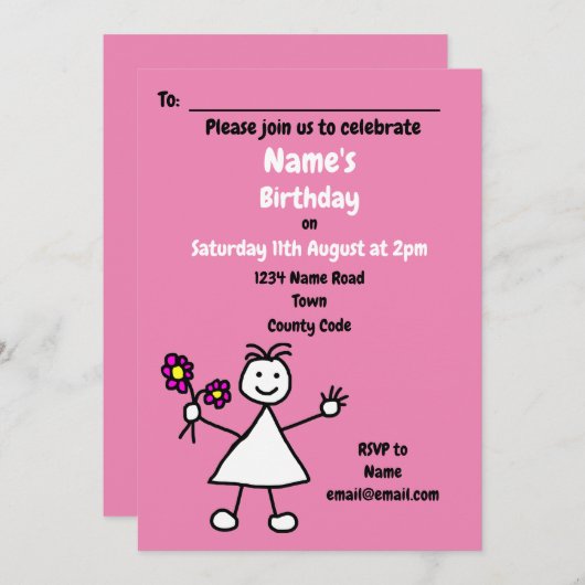 Schattige Meisje Bloemen Roze Verjaardagsfeestuitn Kaart (Voorkant / Achterkant)