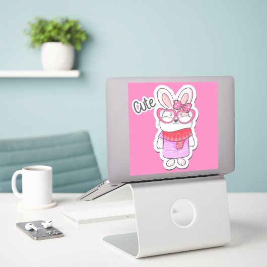 Schattige Meisje Bunny Sticker (Laptop op bureau)