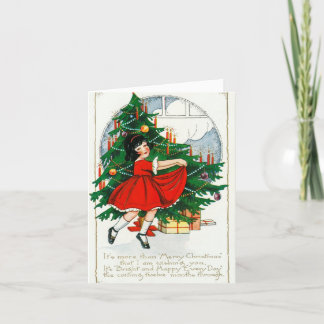 Schattige meisje danst rond kerstboom Kaart
