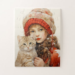 SCHATTIGE MEISJE EN KAT KUNST PUZZEL