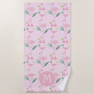 Schattige Meisje Flamingo en Bikini Roze Monogram Strandlaken