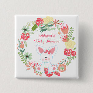 Schattige meisje konijn en bloemenkrans Baby showe Vierkante Button 5,1 Cm