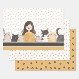Schattige Meisje Met Katten Aarde Kleuren Poot Pat Inpakpapier Vel