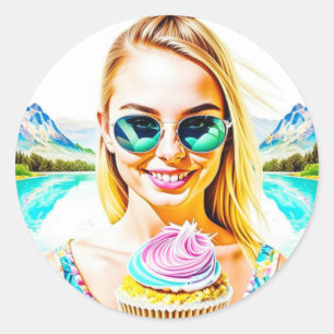 Schattige Meisje met Zonnebril Holding Cupcake Ver Ronde Sticker