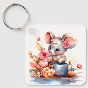 SCHATTIGE MEISJE MUIS MET KLEURRIJKE BLOEMEN MOTIV SLEUTELHANGER