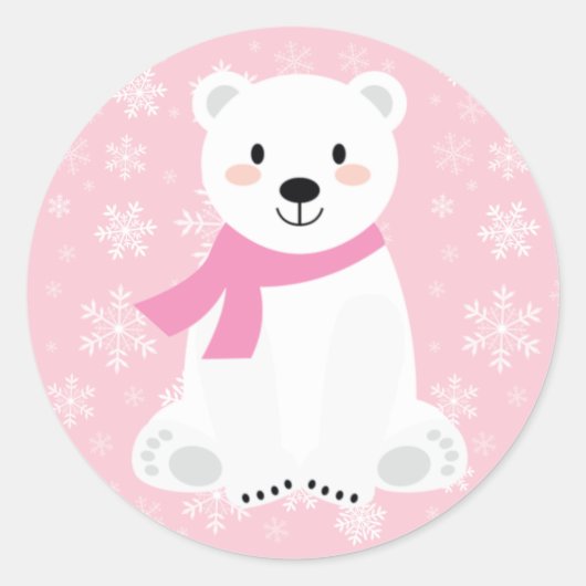 Schattige Meisje Polar Beer Winter Sneeuwvlok Roze Ronde Sticker (Voorkant)