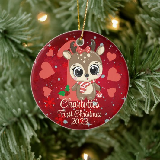 Schattige Meisje Rendier Baby's Eerste Kerstmis Ro Keramisch Ornament (Boom)