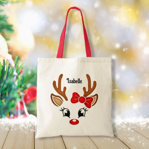 Schattige meisje rendier gezicht met naam tote bag