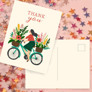 Schattige Meisje Rijden Fiets w Bloemen BEDANKT Briefkaart