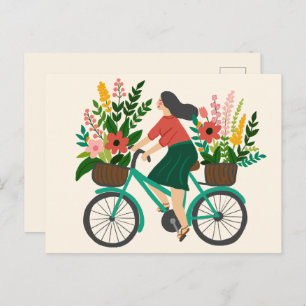 Schattige Meisje Rijden Fiets w Flowers Custom Briefkaart