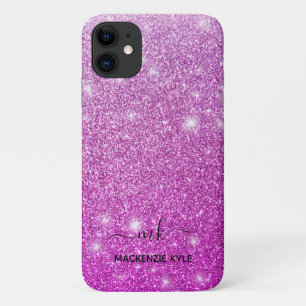 Schattige Meisje Roze Ombre Glitter Monogram iPhone 11 Hoesje