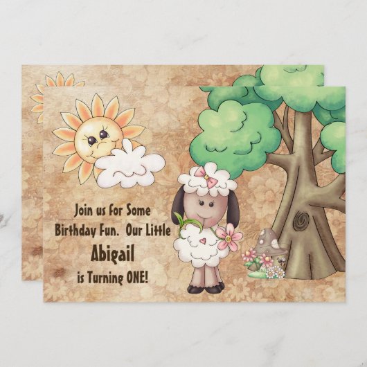 Schattige Meisje Schaap en Bloemen 1e Verjaardag U Kaart (Voorkant / Achterkant)