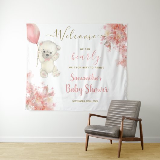 Schattige Meisje Teddy Bear Roze Baby shower Welko Wandkleed (In Situ (horizontaal))