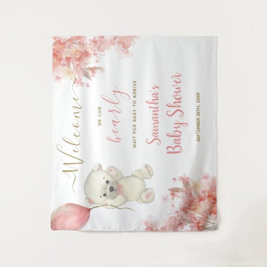Schattige Meisje Teddy Bear Roze Baby shower Welko Wandkleed (Voorkant)