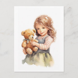 Schattige Meisje Teddy Bear Waterverf Illustratie Briefkaart