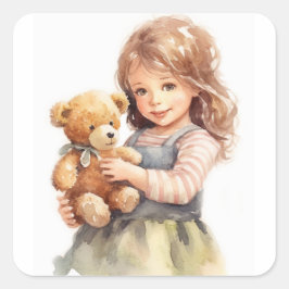 Schattige Meisje Teddy Bear Waterverf Illustratie Vierkante Sticker