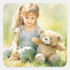 Schattige Meisje Teddy Bear Waterverf Illustratie Vierkante Sticker