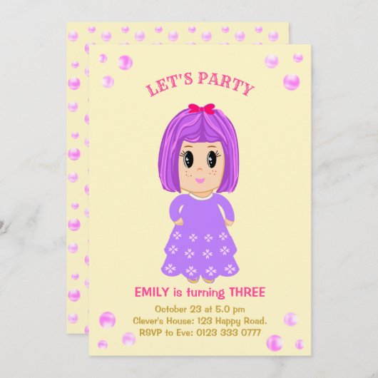 Schattige meisje verjaardagsuitnodiging kaart (Voorkant / Achterkant)