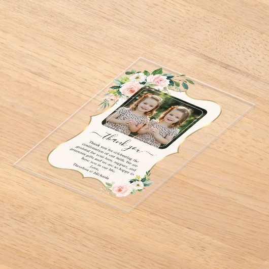 Schattige Meisjes Tweeling Foto Bevestiging Bedank Acryl Uitnodigingen (Laagn)