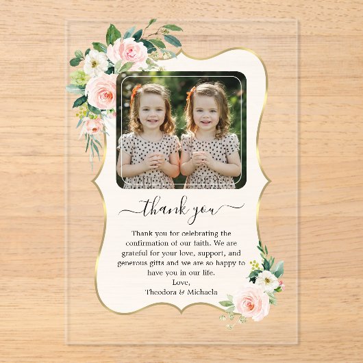 Schattige Meisjes Tweeling Foto Bevestiging Bedank Acryl Uitnodigingen (Voorkant)