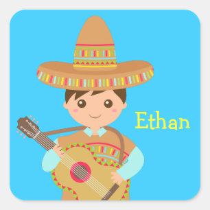 Schattige Mexicaanse jongen met hoed en gitaar op Vierkante Sticker