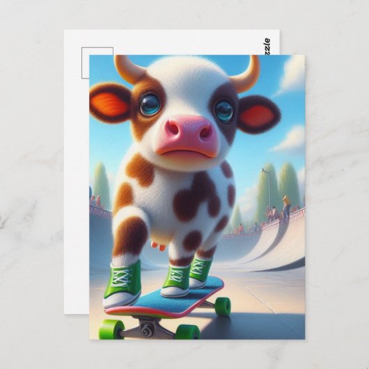 Schattige Mini Bruin en Wit Koe Skateboarden Briefkaart (Voorkant / Achterkant)