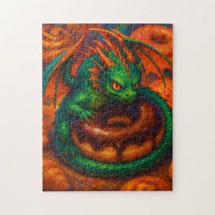 Schattige Mini Groene Draak & Donut Fantasie Kunst Legpuzzel