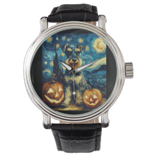 Schattige Miniatuur Schnauzer Hond Halloween Jack Horloge