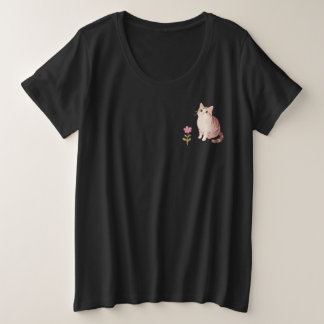 Schattige Minimalistische Kat & Bloem Dames Plus-M Grote Maat T-shirt