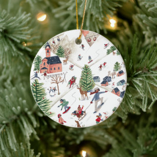 Schattige minimalistische Noordse winterdorp Kerst Keramisch Ornament