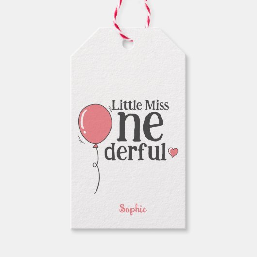 Schattige Miss Onederful Roze Balloon Custom Cadeaulabel (Voorkant)