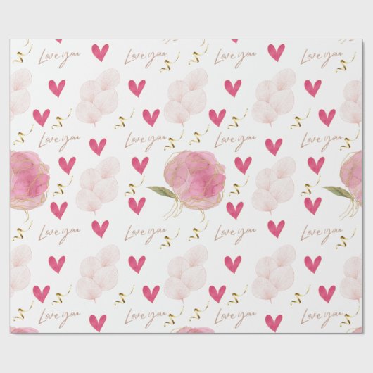 Schattige Modern Love You Bloemen Harten Wit Cadeaupapier (Vlak)