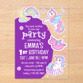 Schattige Modern Rainbow Unicorns Kind Verjaardags Acryl Uitnodigingen (Voorkant)