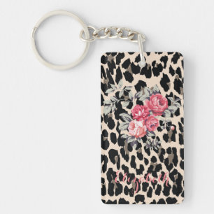 Schattige moderne bloemen op luipaardprint-persoon sleutelhanger