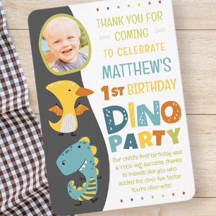 Schattige moderne dinosaurus kinder foto verjaarda bedankkaart