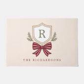 Schattige Monogram Crest Holiday Bow Christmas Deurmat (Voorkant)