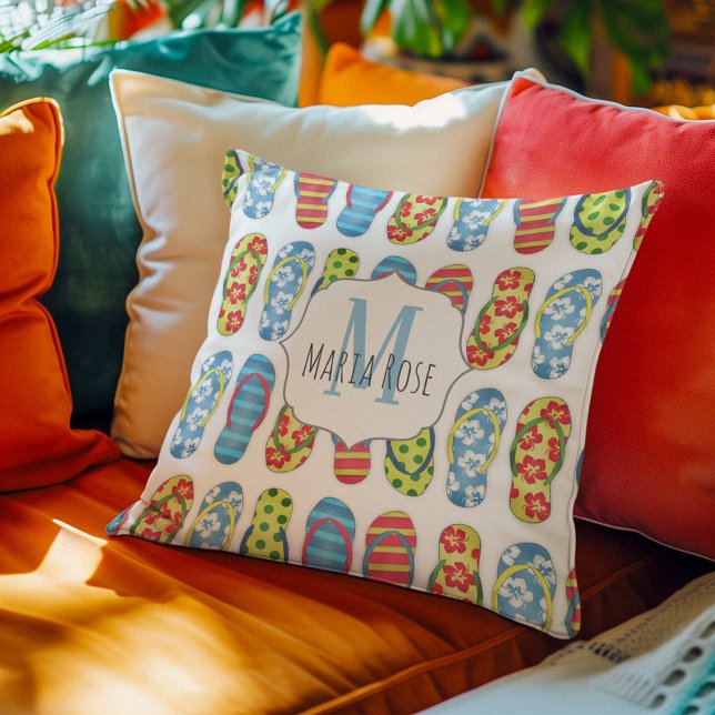 Schattige Monogram gepersonaliseerd strand Kussen (Monogram cute flip flops artwork throw pillow. )