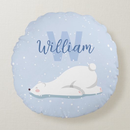 Schattige Monogram Winter Polar Beer Nursery Decor Rond Kussen (Voorkant)