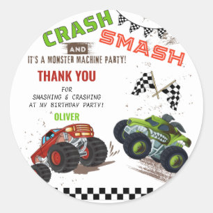 Schattige Monster Bedankt Auto Truck Kids Verjaard Ronde Sticker