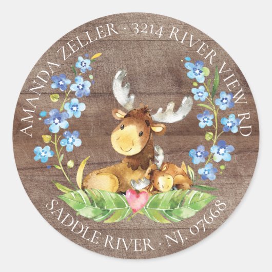 Schattige Moose Baby shower retour adreslabel Ronde Sticker (Voorkant)