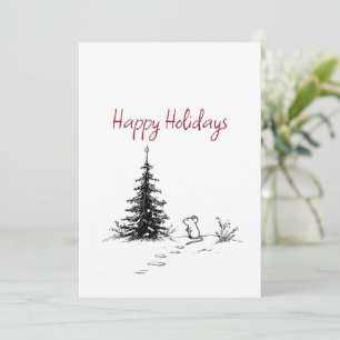 Schattige Muis & Boom Lijn Kunst Festive Kerstmis Feestdagenkaart