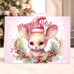 Schattige Muis en Hulst Prettig Nieuwjaar Feestdagen Kaart