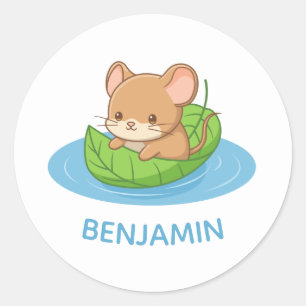 Schattige Muis in een Blad Boot Aangepaste Naam Ronde Sticker