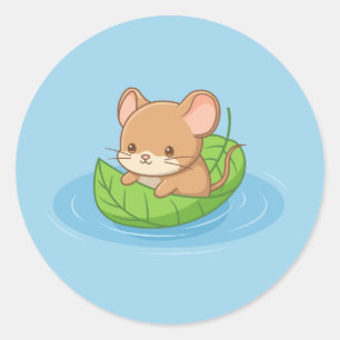 Schattige muis in een bladboot blauw ronde sticker