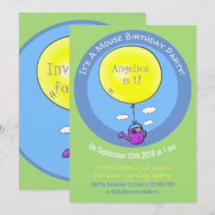 Schattige muis in gieter met ballon cartoon kaart