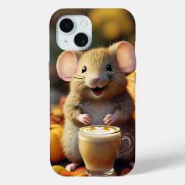 Schattige muis met latte in Herfst iPhone 15 Hoesj